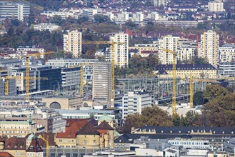 Central station with construction site Stuttgart 21, city centre with collegiate church, town hall