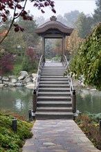 Wooden bridge in japanese park. Krasnodar. Russia