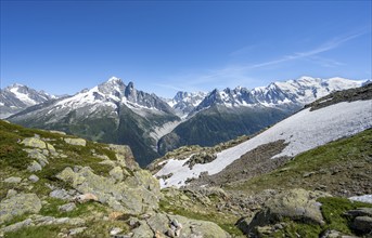 Panorama, Mountain landscape with mountain peak Aiguille Verte, Grandes Jorasses with glacier Mer