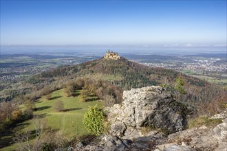 View from the Zeller Horn vantage point on the Albtrauf over the Zollernalb with Hohenzollern