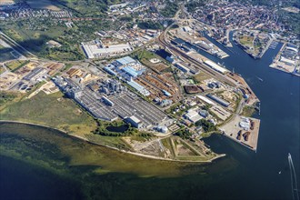 Wismar, harbour. Aerial view, wood, wood processing, timber, Baltic Sea, transport