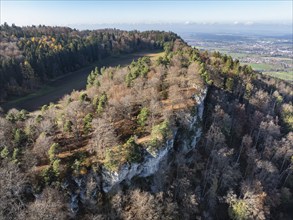 Aerial view of the Hangender Stein natural monument on the eastern edge of the 956 metre high