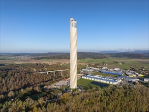 Aerial view, panorama from the 246 metre high TK-Elevator test tower of Thyssenkrupp AG, lift test