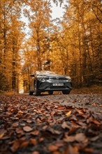 A VW ID.4 drives on a forest road in autumn through an orange landscape, electric car, VW ID 5,