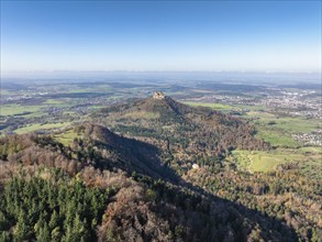 Aerial view from the Albtrauf over a mixed forest on the 956 metre high Raichberg to the Zeugenberg