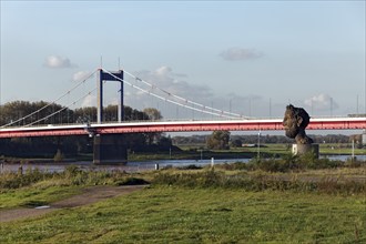 View from the Mercatorinsel to the Friedrich-Ebert-Bridge, Rhine bridge from 1954, sculpture