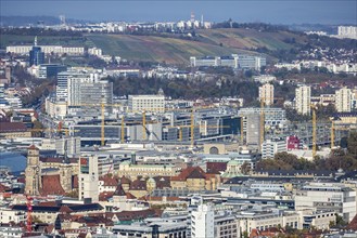 Central station with construction site Stuttgart 21, city centre with collegiate church, town hall