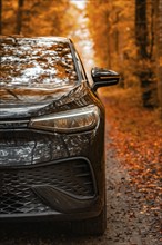 Half-length view of the VW ID.4 on a road in an orange autumn forest, electric car, VW ID 5,