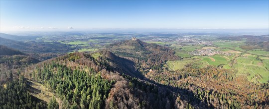 Aerial view, panorama from the Albtrauf over a mixed forest on the 956 metre high Raichberg to the