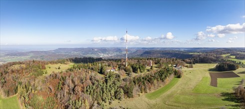 Aerial view, panorama of the 137 metre high steel tube mast of the Südwestrundfunk, SWR, Raichberg