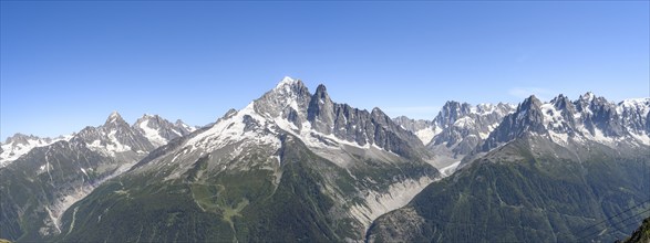 Mountain landscape with mountain peak Aiguille Verte and Grandes Jorasses with glacier Mer de