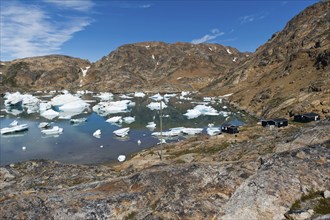 Icebergs, Austrian polar station or polar research station Sermilik, Ammassalik Island, East