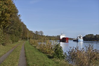 Cargo ship Nordborg sails through the Kiel Canal in autumn, Kiel Canal, Schleswig-Holstein,