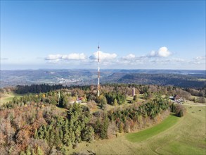 Aerial view, panorama of the 137 metre high steel tube mast of the Südwestrundfunk, SWR, Raichberg