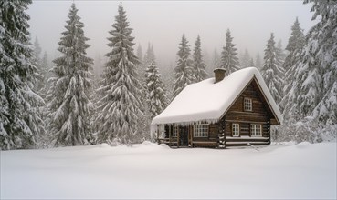 A small cabin in the woods is covered in snow. The cabin is surrounded by trees and the snow is