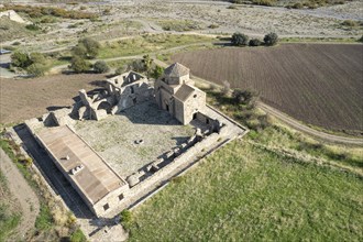 Drone aerial of abandoned Christian orthodox church. Panagia Sinti, Pentalia Paphos Cyprus