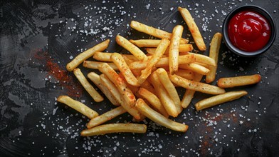 A pile of crispy french fries seasoned with salt, accompanied by a cup of ketchup on a dark