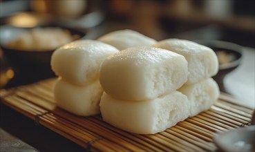 A stack of white food on a wooden board. The food is square shaped and looks like a type of bread