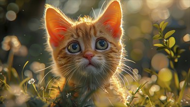 An orange kitten with big eyes sits in the grass, surrounded by warm sunlight and bokeh effects, AI