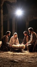 A reverent nativity scene featuring Mary, Joseph, and the baby Jesus illuminated by a bright star