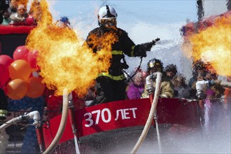 KAMCHATKA PENINSULA, RUSSIA, APR 27, 2019: Rescue firefighter Emercom of Russia flying with