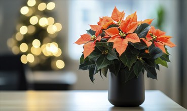 A small vase of orange poinsettias sits on a table. The vase is black and the flowers are bright