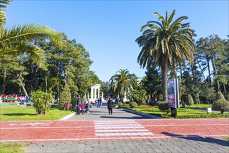 Batumi, Georgia, April 30, 2017: People walking in the park with palm trees near promenade