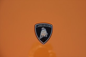 Nicosia Cyprus, September 29 2022: Antique logo of a Lamborghini luxury car. Front view of classic