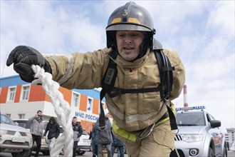 PETROPAVLOVSK CITY, KAMCHATKA PENINSULA, RUSSIA, APR 19, 2019: Firefighter-rescuer Emercom of