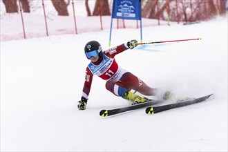 KAMCHATKA PENINSULA, RUSSIA, APRIL 2, 2019: Mountain skier Sofya Krokhina Moscow skiing down mount