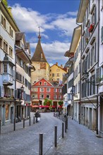 Street with historic houses in Zurich city center, Switzerland, Europe