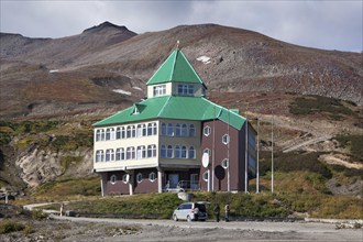 MUTNOVSKY VOLCANO, KAMCHATKA PENINSULA, RUSSIA, SEP 21, 2011: Hotel building for power plant