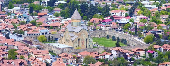 Panoramic aerial banner view of Mtskheta, Georgia with Svetitskhoveli Cathedral