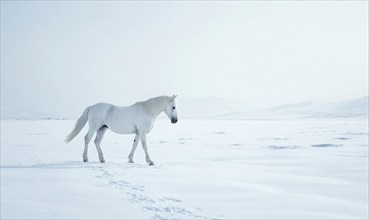 A white horse is walking through a snowy field. Concept of solitude and tranquility, as the horse