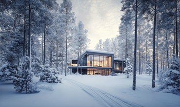 A house with a large glass window sits in a snowy forest. The house is surrounded by trees and the