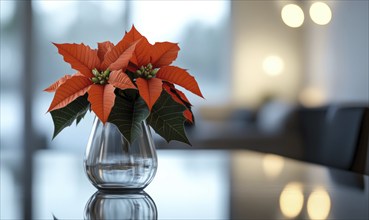 A vase of red poinsettias sits on a table. The vase is clear and the flowers are bright and vibrant