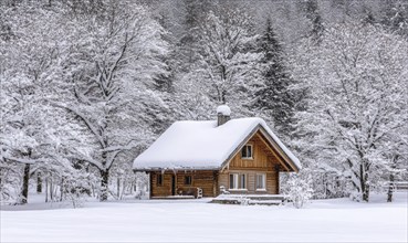 A small cabin in the woods is covered in snow. The cabin is surrounded by trees and the snow is