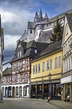 Street in Diez with castle on the hill, Germany, Europe