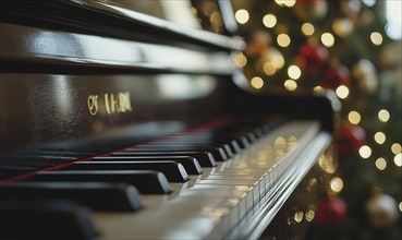 A black and white piano with a red and white label on the top. The piano is surrounded by Christmas