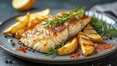 Grilled fish fillet garnished with rosemary and served with potatoes and lemon on a gray plate, AI