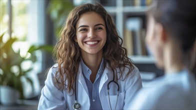 Female doctor with curly hair, smiling warmly in a professional office setting, AI generated