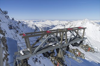 Cable car masts on a steep slope. Austrian Alps. The top of the Hintertux Glacier, 3250 meters