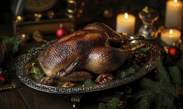 A large roasted turkey is on a silver platter with a variety of garnishes, including nuts and