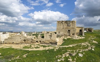 Drone aerial view of an abandoned deserted village. Ruins of deserted old town. Petrofani,