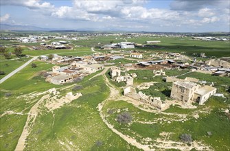 Drone aerial view of an abandoned deserted village. Ruins of deserted old town. Petrofani,