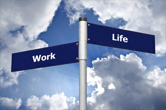 Street sign in front of cloudy sky symbolizing choice between work and life