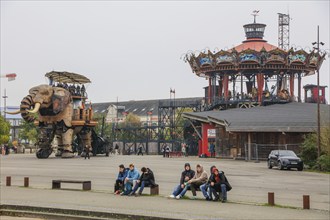 Tourist attraction The Great Elephant and Carrousel des Mondes Marins on the Ile de Nantes in the