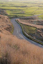 Empty curvy asphalt rural road through farmland filed at sunrise. New day outdoor nature