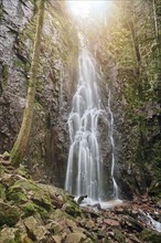 Burgbach Waterfall in coniferous forest falls over granite rocks into the valley near Bad