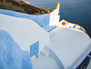 Santorini traditional white and blue minmal architecture. Cyclades Greek islands, Greece, Europe